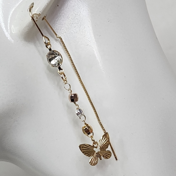 Gold Filled Threader Earrings Dangle Butterfly with Zirconia - Picture 4 of 8